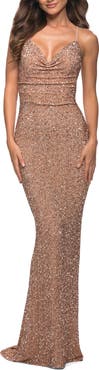 La Femme Soft Sequin Long Gown with Lace Up Back