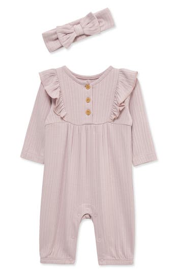 Little Me Violet Ruffle Knit Romper And Headband Set In Neutral