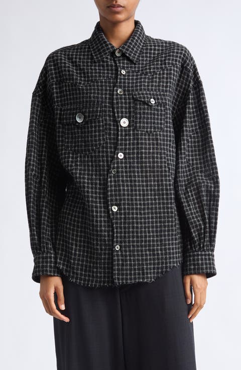 Check Wool Blend Button Up Shirt