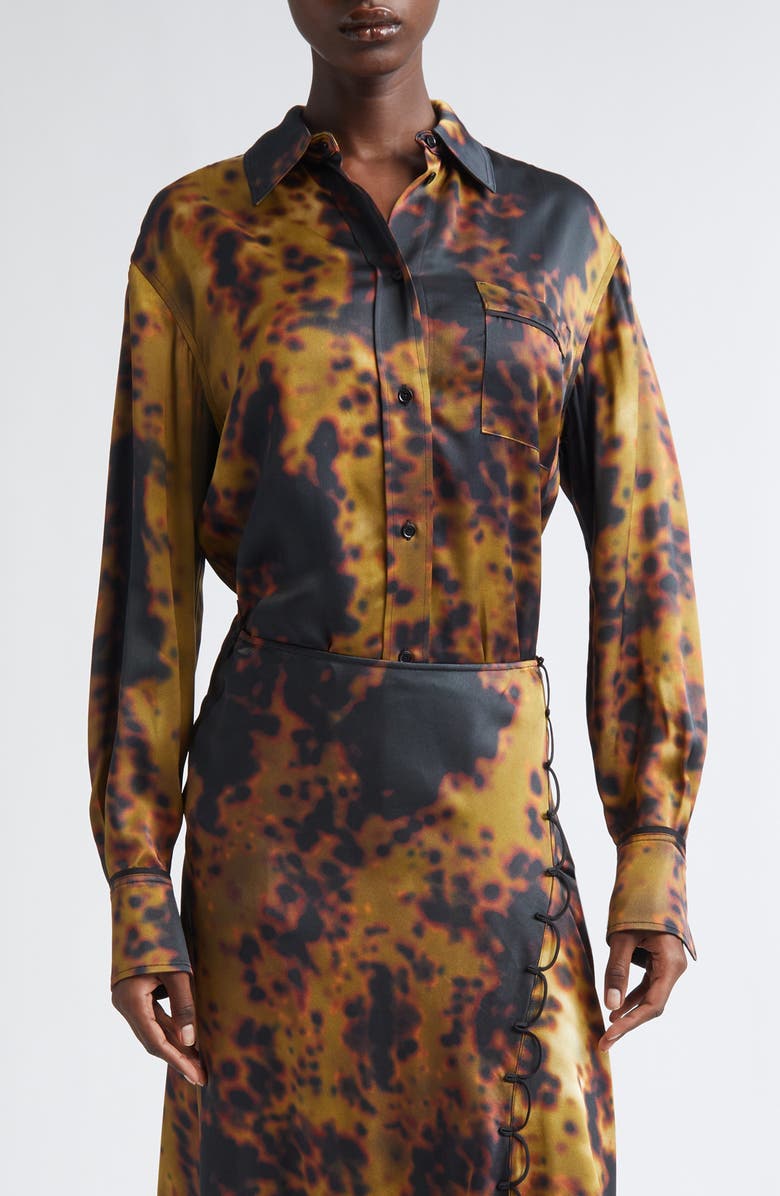 Victoria Beckham Piped Satin Button-Up Pajama Shirt, Main, color, Olive Brown