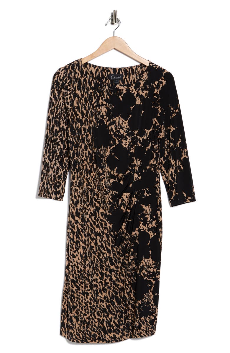 Connected Apparel Three Quarter Sleeve Jersey Dress, Alternate, color, Black/ Camel