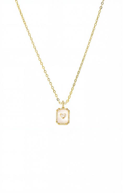 Colored Heart CZ & Mother Of Pearl Dog Tag Necklace