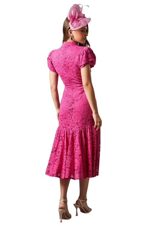 Coast Lace Frill Sleeve High Neck Midi Dress In Pink