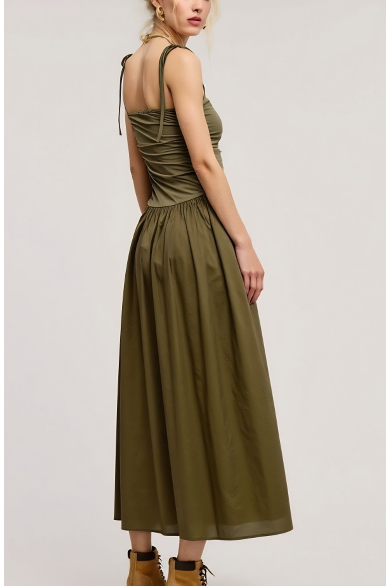Ruched Bodice Midi Dress with Tie Straps and Full Gathered Skirt, Alternate, color, Olive Green
