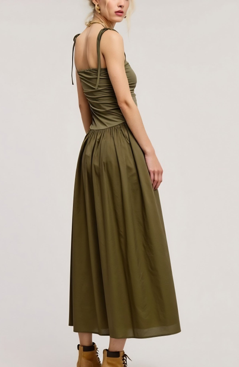 Modenaire Ruched Bodice Midi Dress with Tie Straps and Full Gathered Skirt, Alternate, color, Olive Green