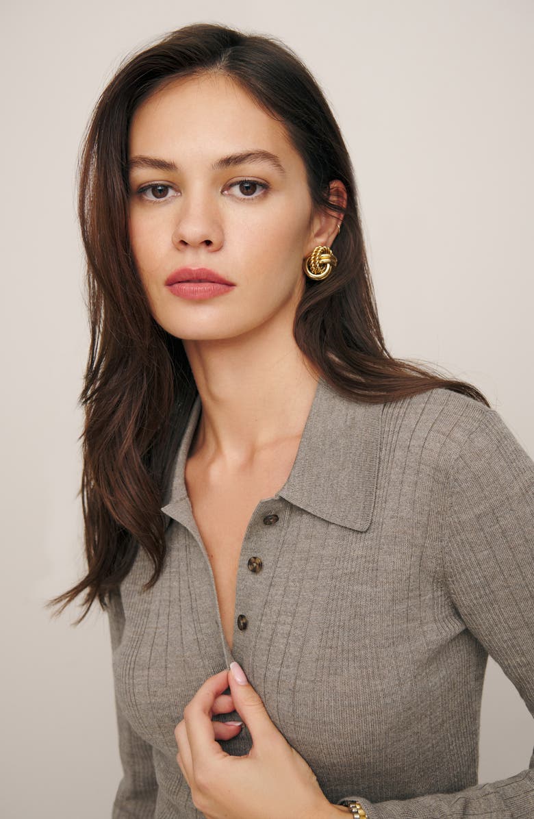 Reformation Hermia Rib Wool Polo Top, Alternate, color, Oatmeal