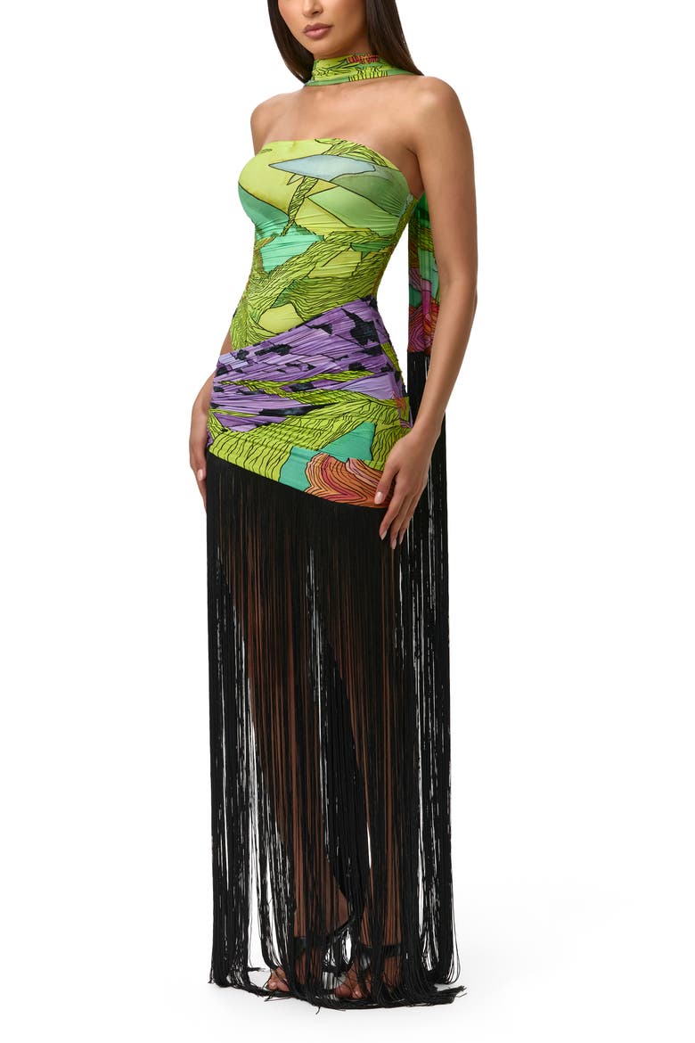 Print Strapless Fringe Maxi Dress with Scarf, Alternate, color, LETHAL BOTANICAL