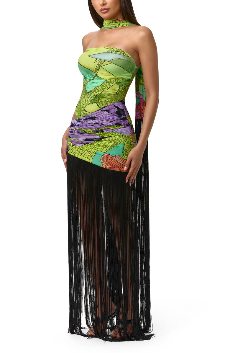 Naked Wardrobe Print Strapless Fringe Maxi Dress with Scarf, Alternate, color, Lethal Botanical