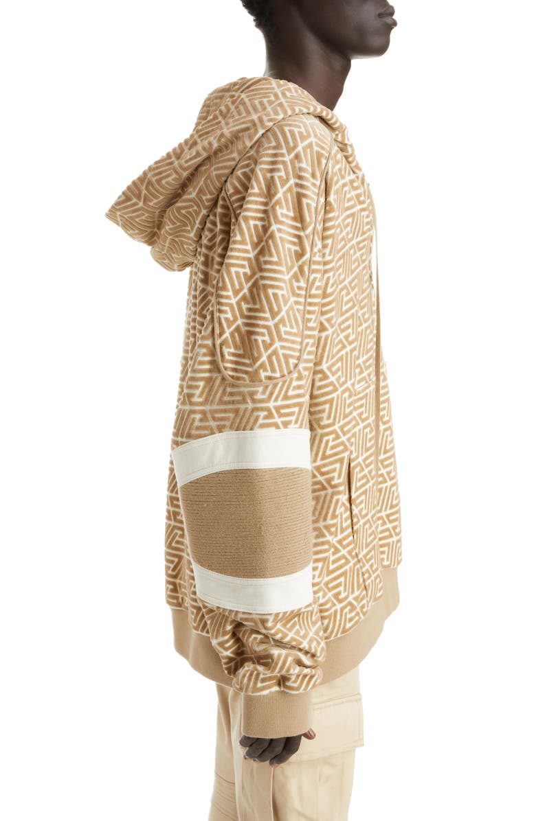 Balmain Pyramid Monogram Mixed Media Hoodie, Alternate, color, 