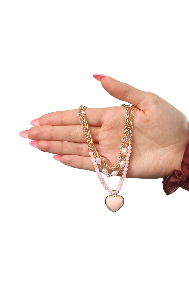 Heart Necklaces for Women 3-Piece Set Gold-Tone, Pink Beads, Alternate, color, Gold-Tone