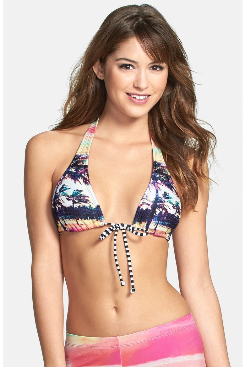 'Sunset Stripes' T-Back Halter Bikini Top, Main, color, SUNSET MULTI