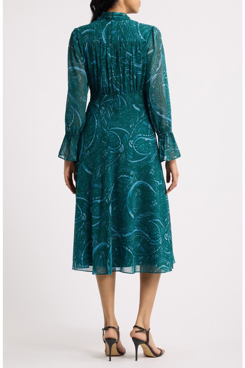 Print Tie Neck Long Sleeve Midi Dress, Alternate, color, TEAL PAISLEY