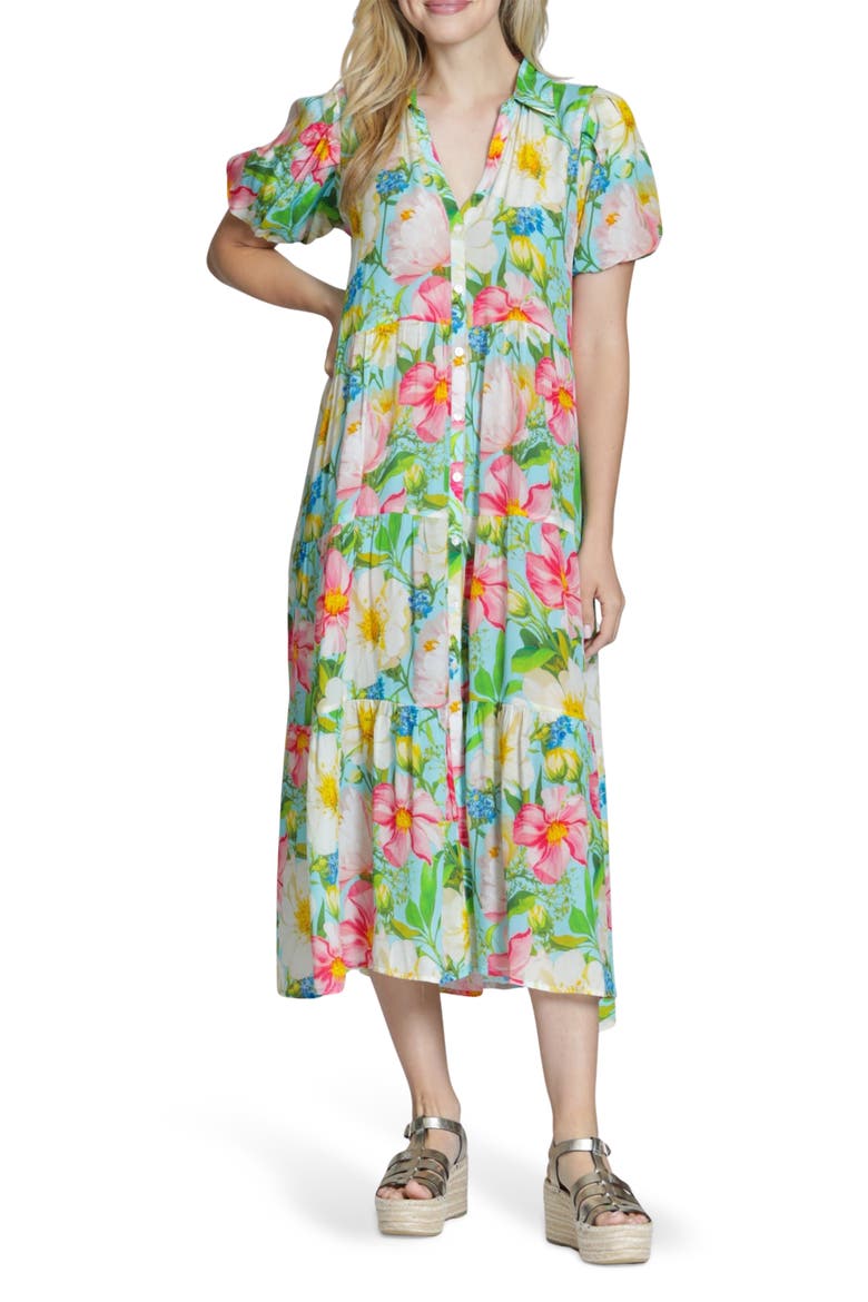 Puff Sleeve Tiered Shirtdress, Main, color, GREEN/ PINK MULTI