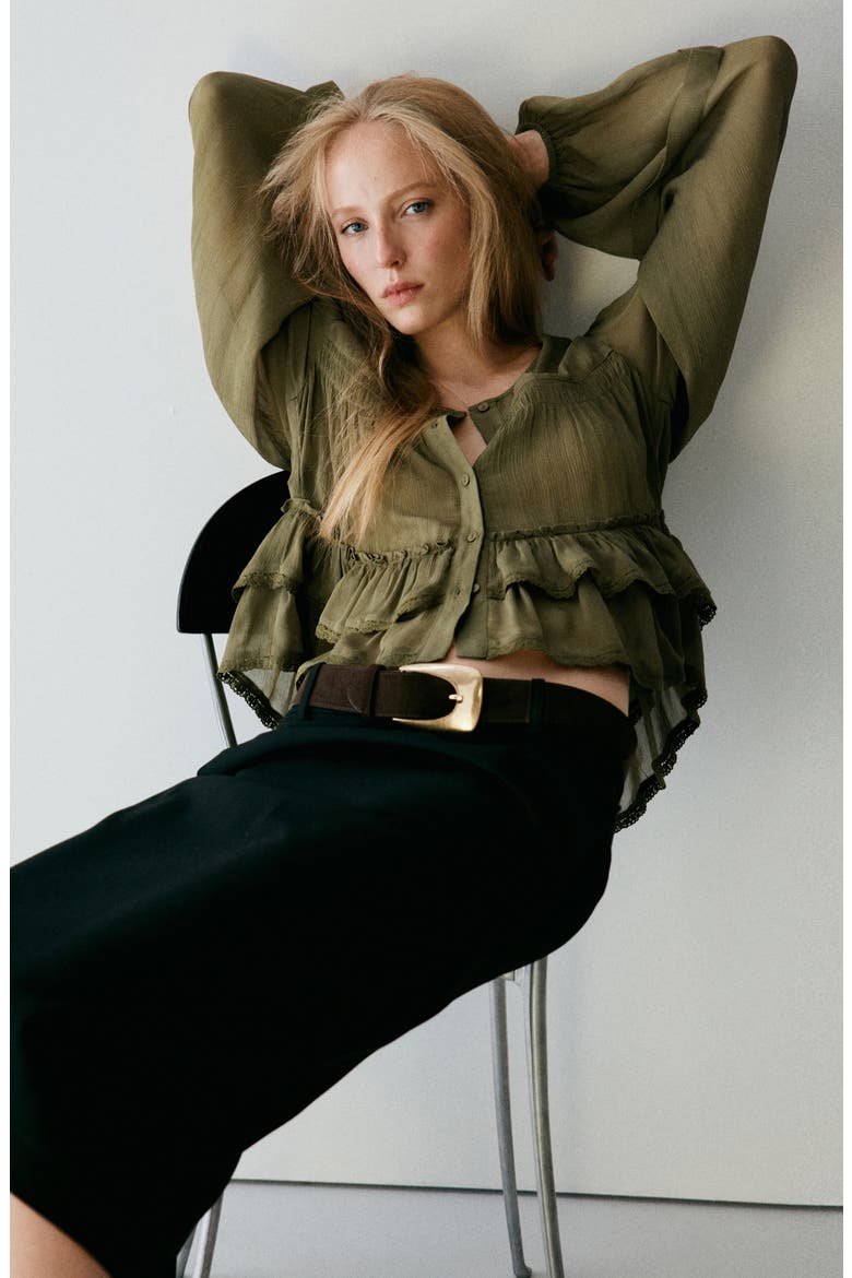 Ruffled Lace Trim Top, Alternate, color, GREEN