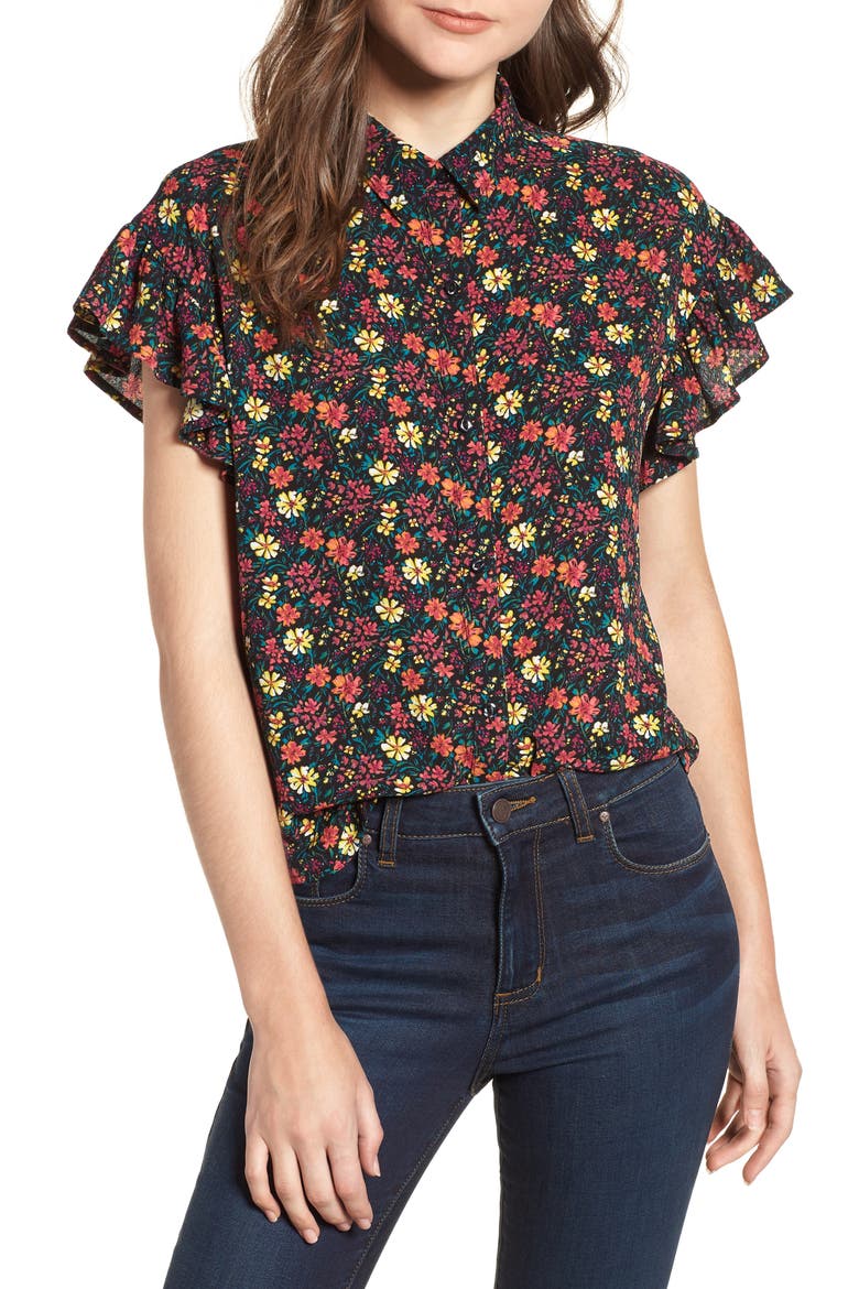 Ruffle Sleeve Print Shirt, Main, color, BLACK MIX N MATCH A