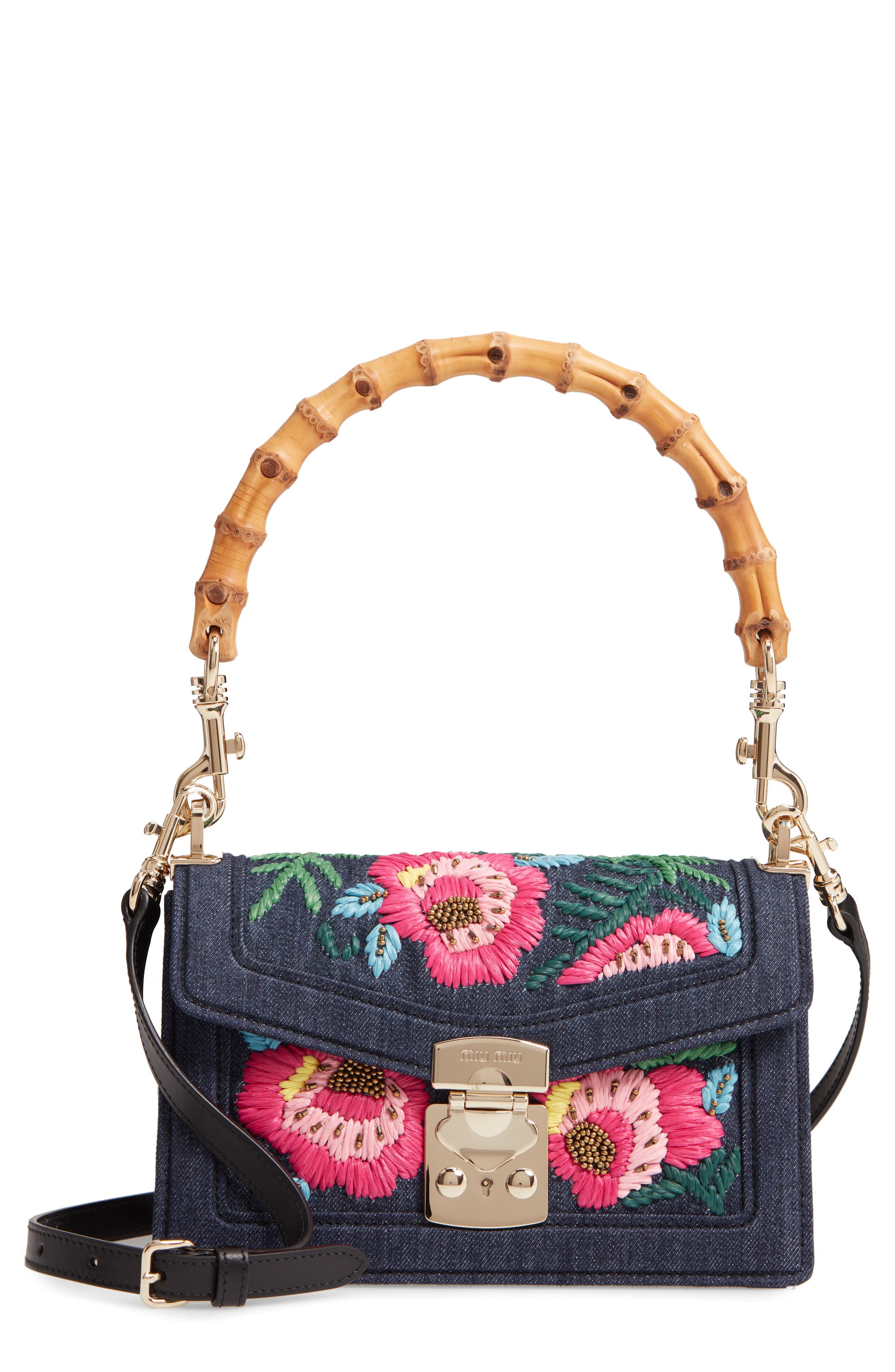 Miu Miu Denim Confidential Embroidered Top Handle Bag, Main, color, 