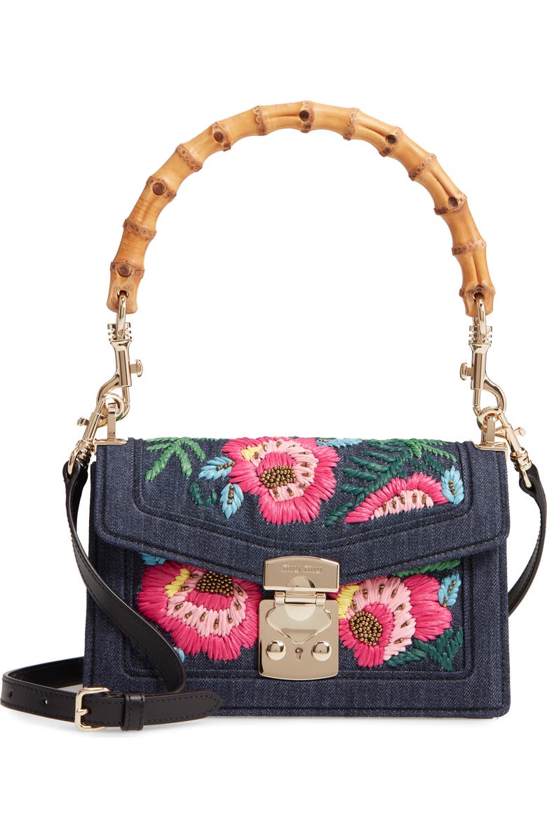 Miu Miu Denim Confidential Embroidered Top Handle Bag, Main, color,