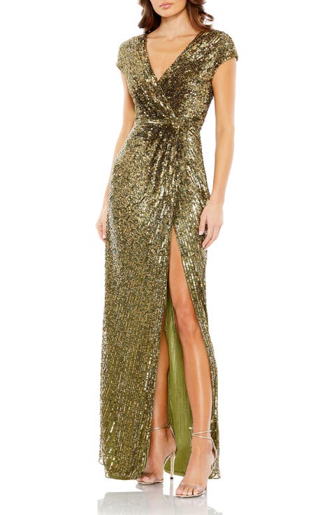 Sequined Faux Wrap Cap Sleeve Gown