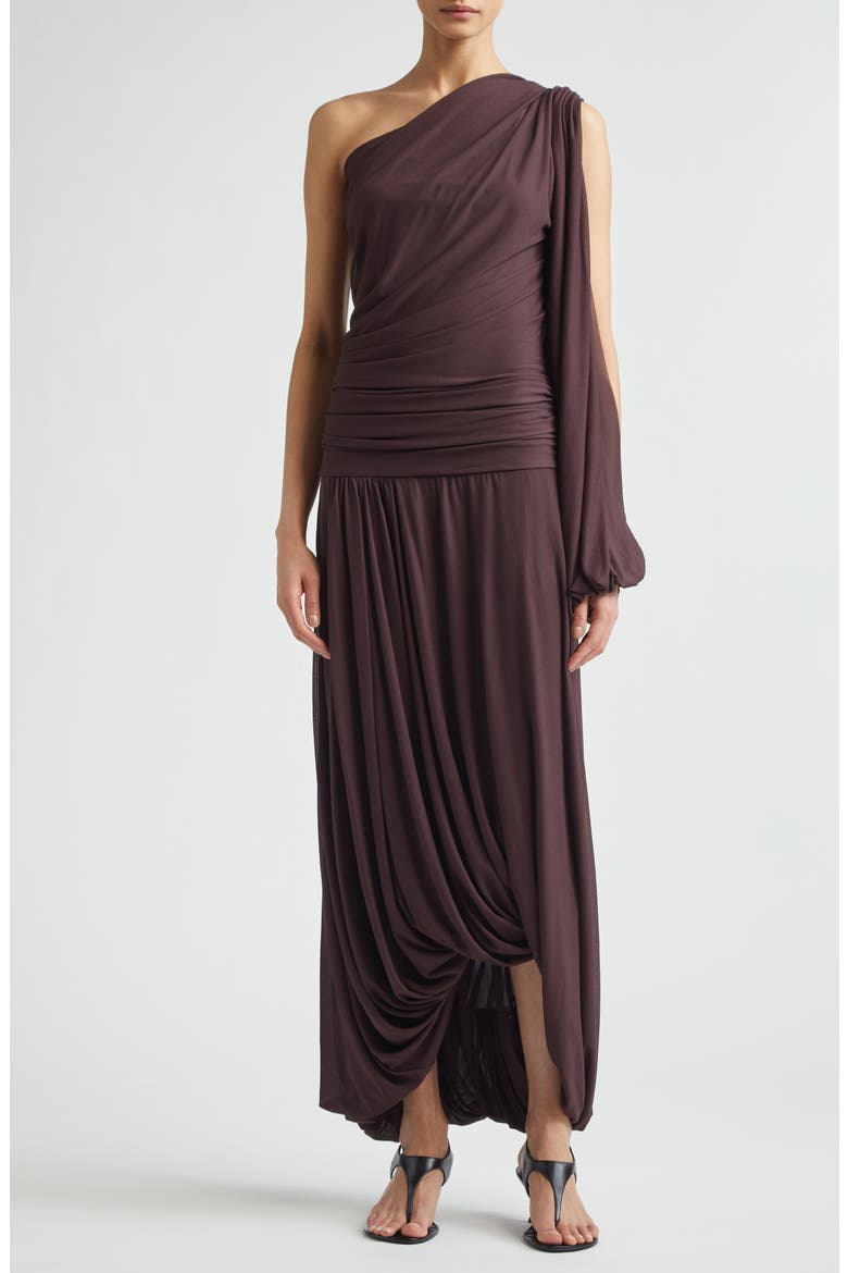 Gabri One-Shoulder Gauzy Pleated Jersey Gown, Main, color, AUBERGINE