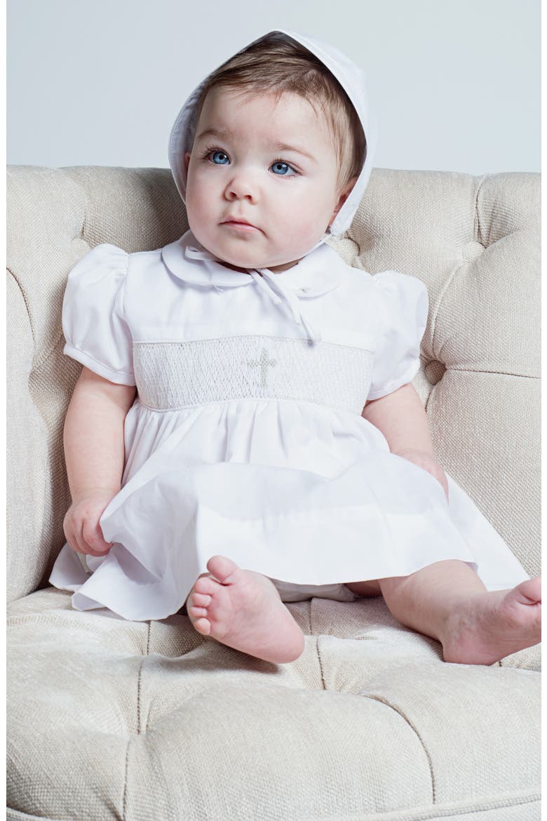 Smocked Inset Christening Gown & Bonnet Set, Alternate, color, WHITE