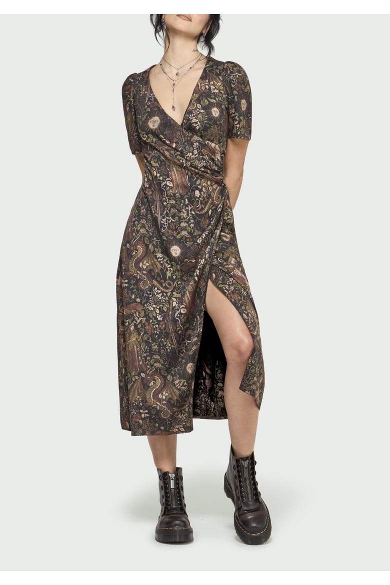 Haunt Medieval Print Wrap Midi Dress, Main, color, Brown