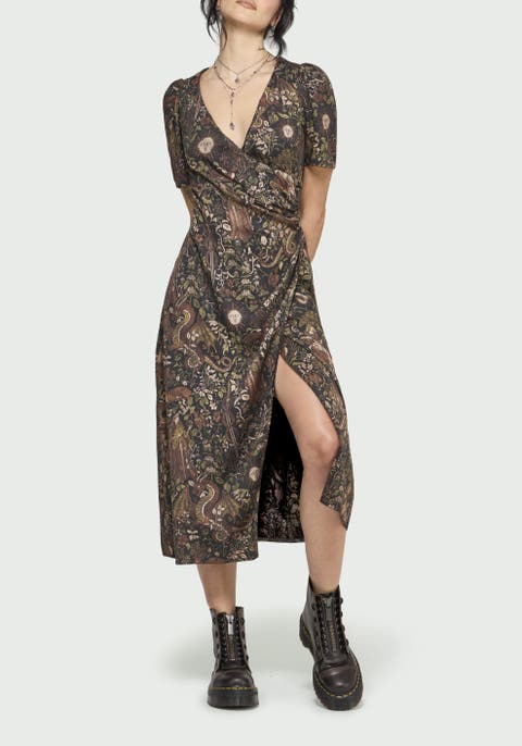 Haunt Medieval Print Wrap Midi Dress