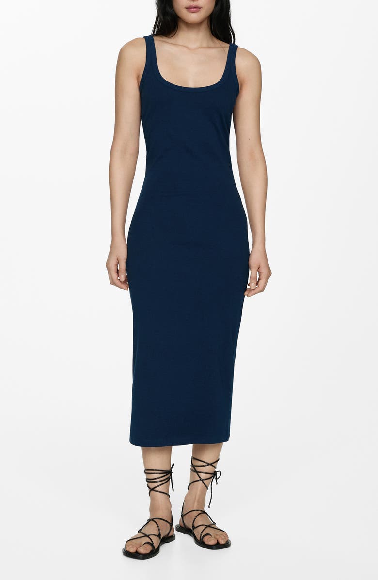 MANGO Side Ruched Rib Midi Tank Dress, Main, color, 