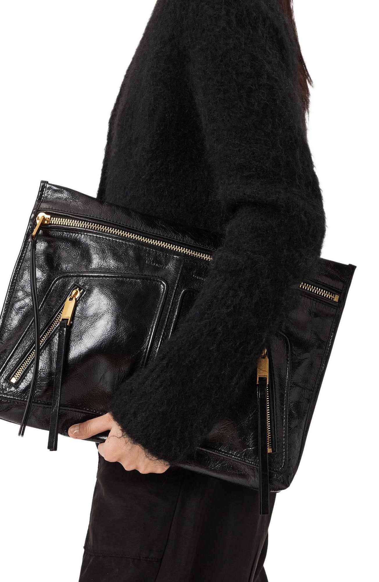AllSaints Jean Rey Leather Clutch, Alternate, color, Black