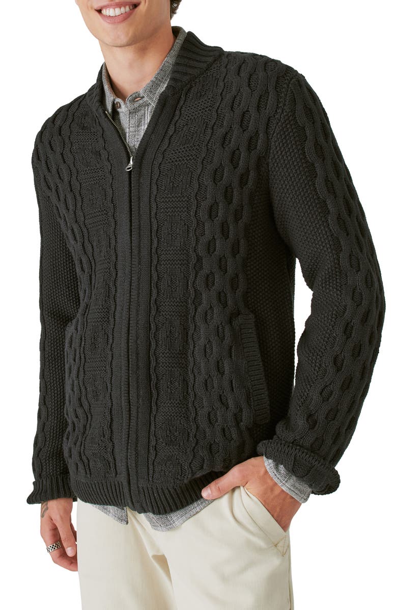 Lucky Brand Cable Stitch Cotton Blend Zip-Up Cardigan, Alternate, color, 