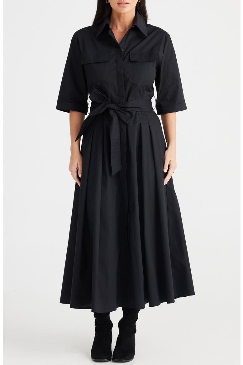 Rossellini Pleated Cotton Shirtdress, Main, color, BLACK