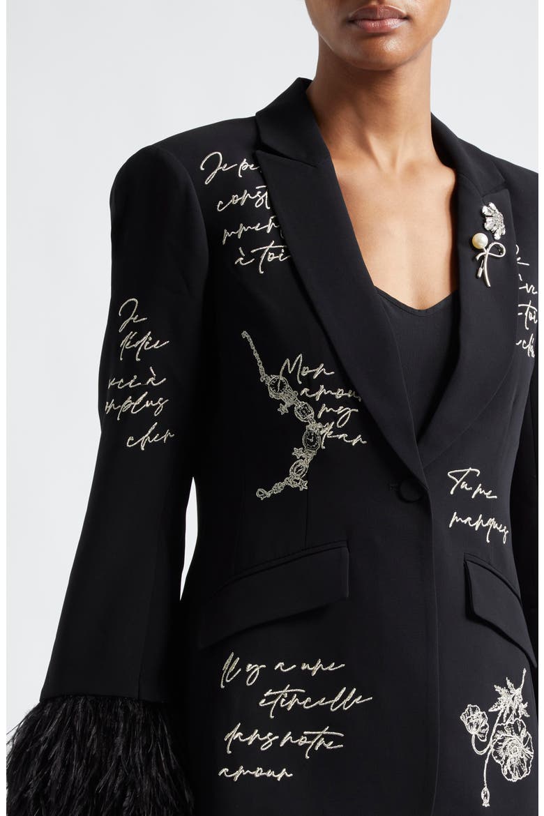 Cheyenne Love Letter Embroidered Feather Cuff Blazer, Alternate, color, BLACK/ IVORY