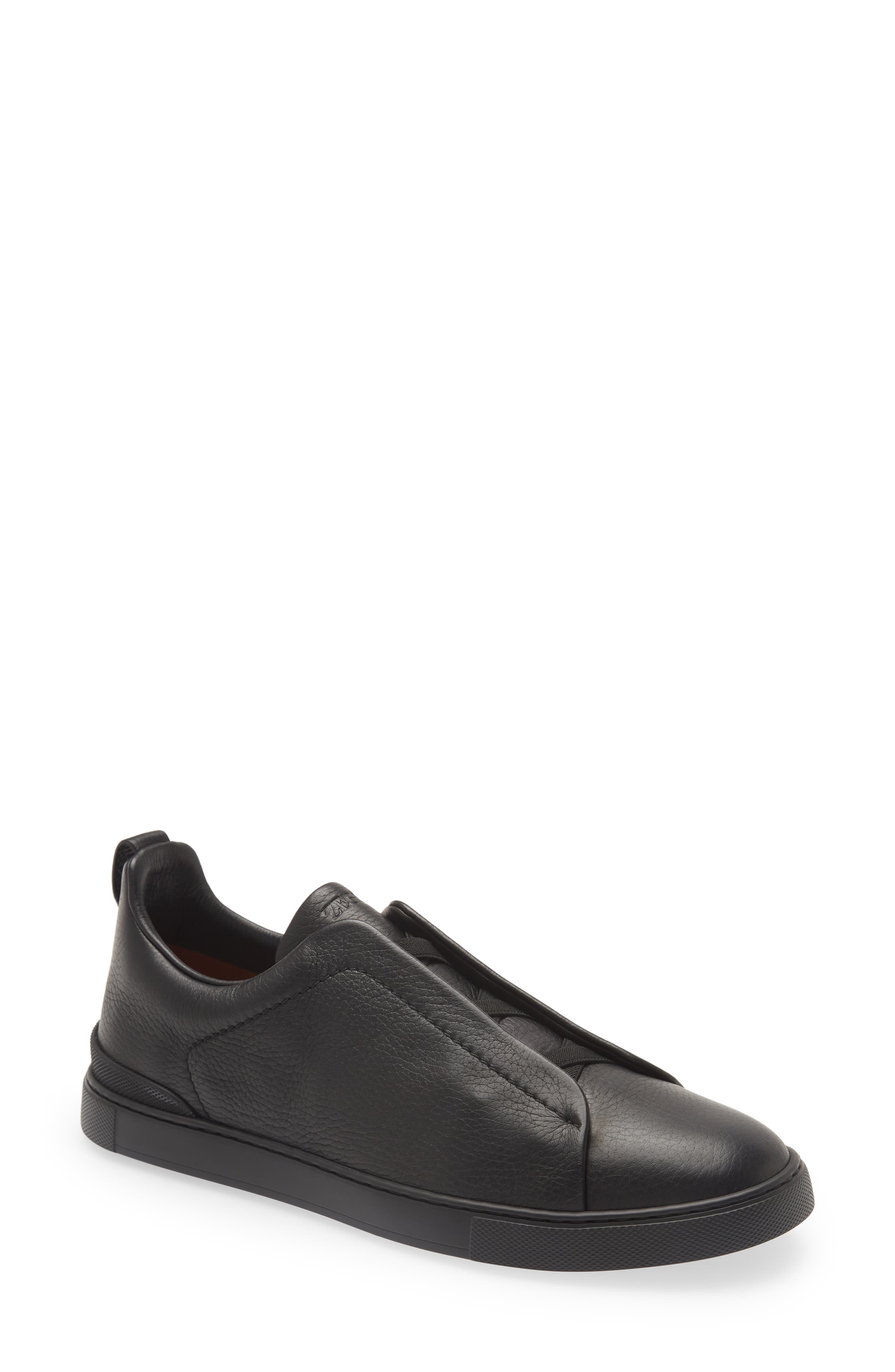 ZEGNA Triple Stitch Deerskin Leather Slip-On Sneaker, Main, color, Black