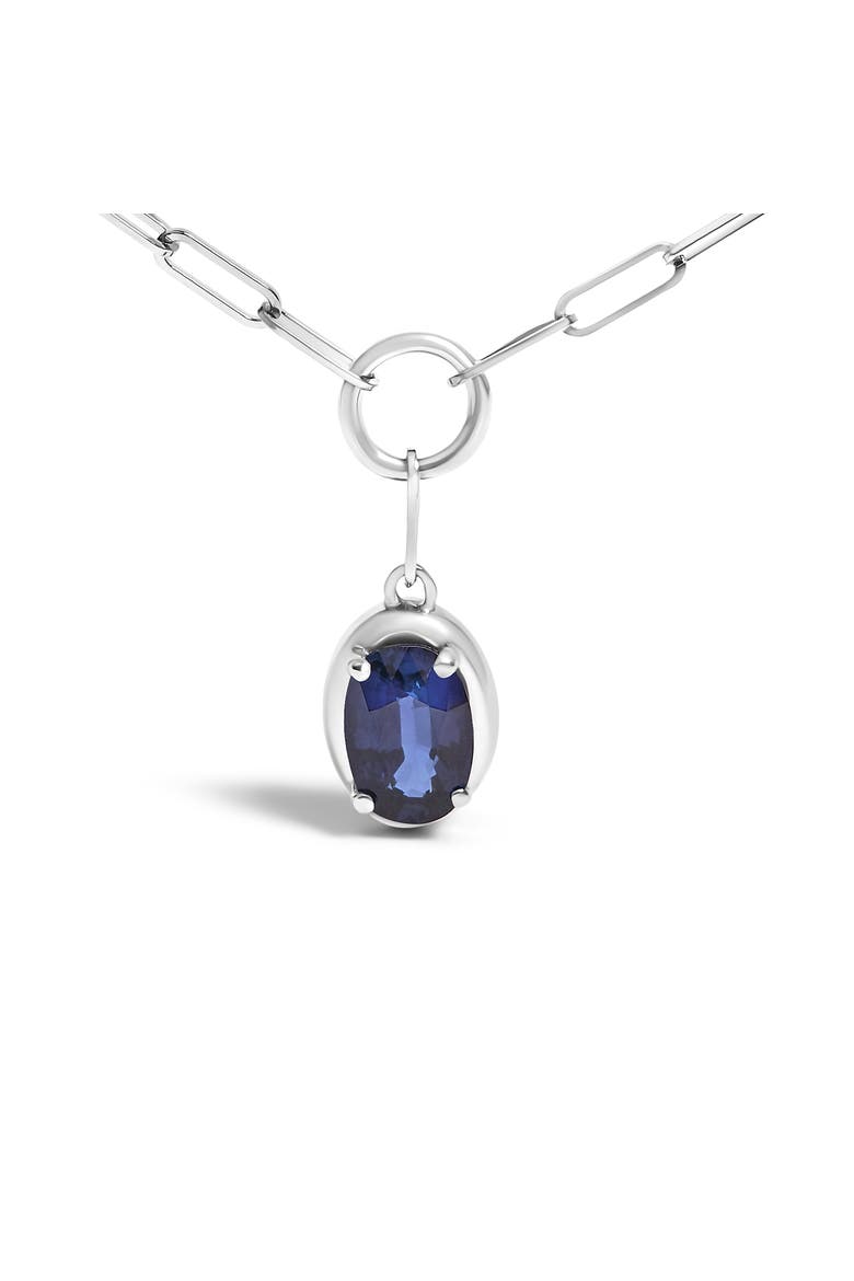 10K White Gold Oval Blue Sapphire Solitaire Paperclip Pendant Necklace, Alternate, color, White