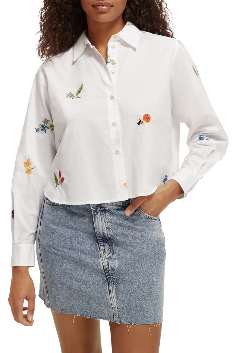 Embroidered Boxy Organic Cotton Crop Button-Up Shirt, Main, color, 0006-WHITE