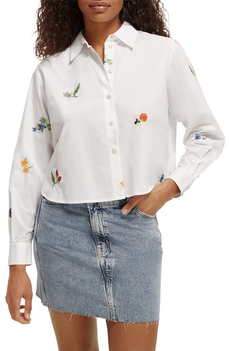 Scotch & Soda Embroidered Boxy Organic Cotton Crop Button-Up Shirt, Main, color,
