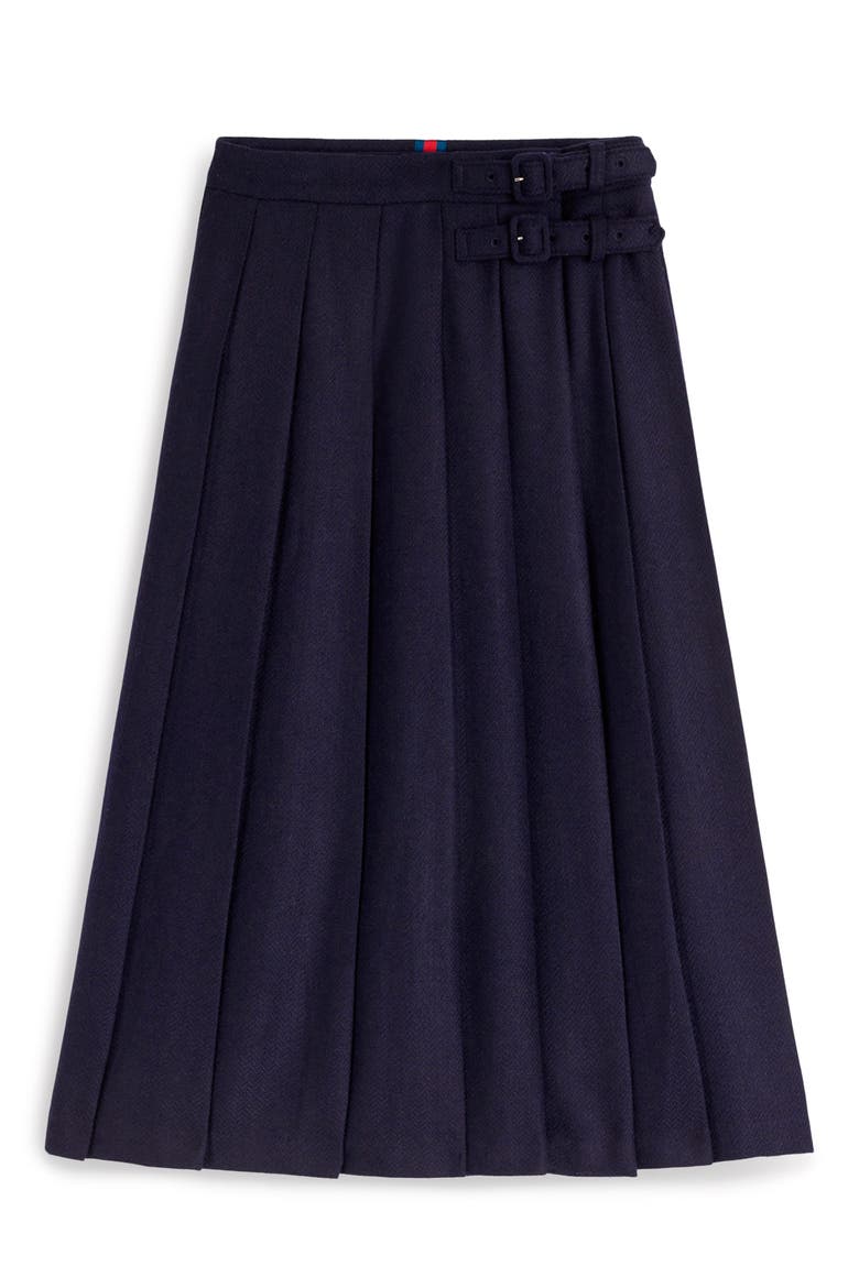 Herringbone Pleated Wool Blend Midi Skirt, Alternate, color, NAVY HERRINGBONE