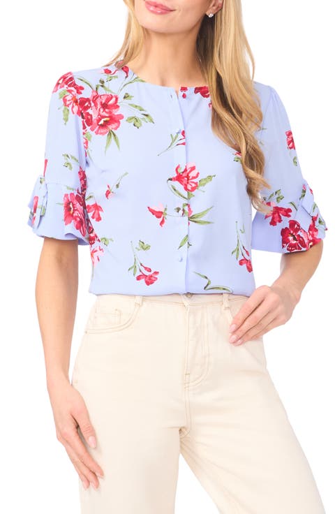 Floral Bow Sleeve Button-Up Top