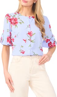 CeCe Floral Bow Sleeve Button-Up Top