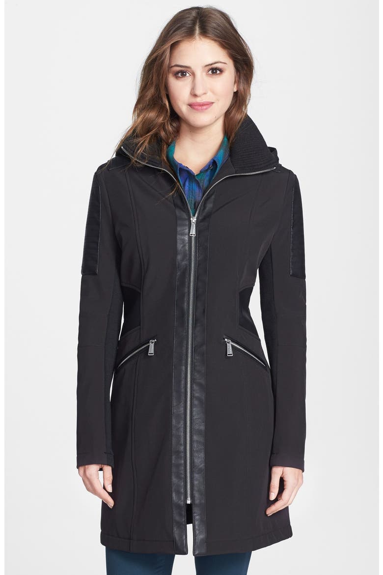 Faux Leather Detail Soft Shell Walking Coat, Main, color, DENIM