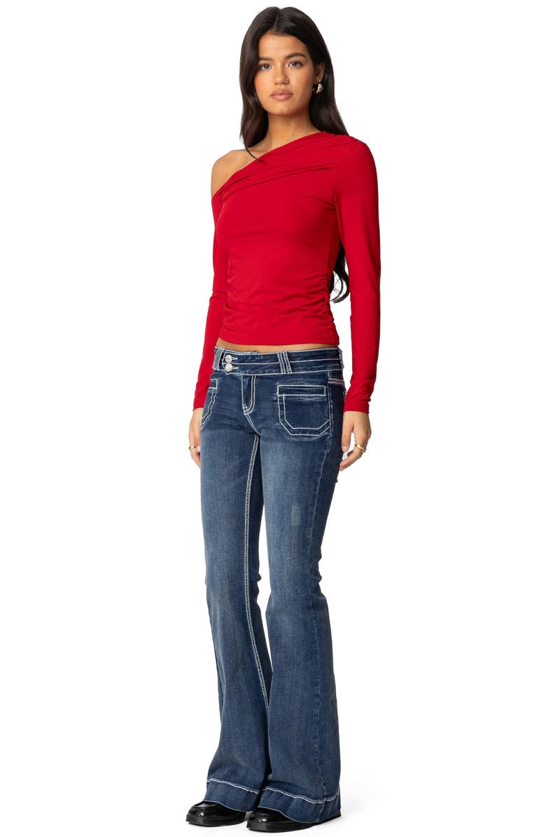 EDIKTED Ronnie Ruched One-Shoulder Long Sleeve Top, Alternate, color, Red
