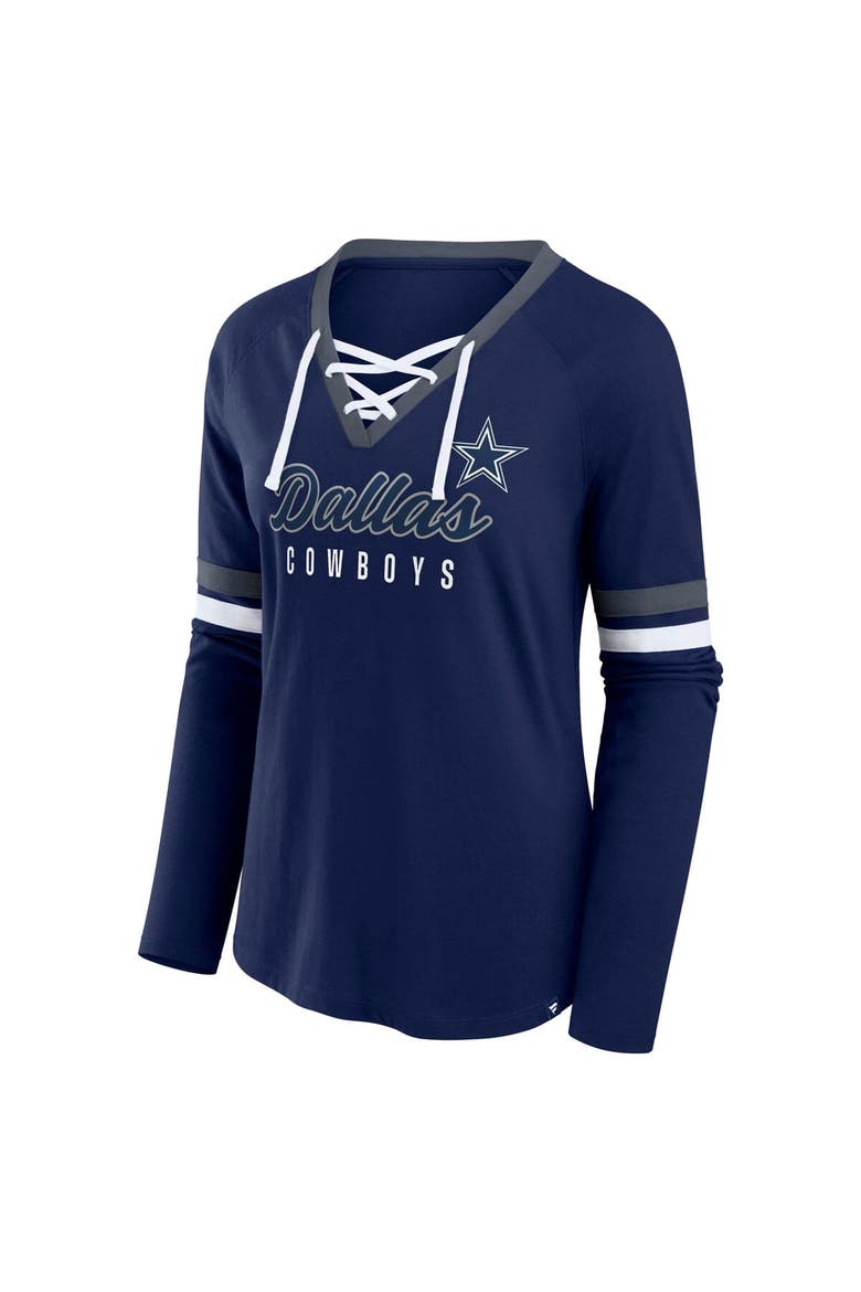 Women's Fanatics Navy Dallas Cowboys Plus Size Won & Done Lace-Up V-Neck Long Sleeve T-Shirt, Alternate, color, Navy