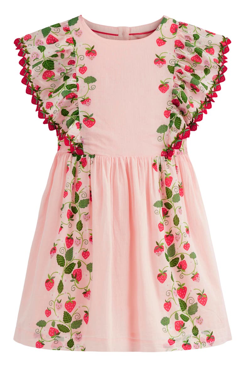 Kids' Floral Strawberry Embroidered Flutter Sleeve Dress, Main, color, CHALK PINK STRAWBERRY VINE
