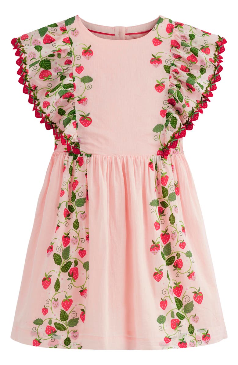 Mini Boden Kids' Floral Strawberry Embroidered Flutter Sleeve Dress, Main, color, Chalk Pink Strawberry Vine