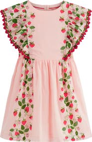 Mini Boden Kids' Floral Strawberry Embroidered Flutter Sleeve Dress
