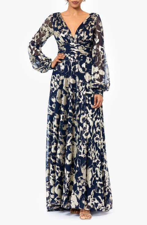 Floral Metallic Long Sleeve A-Line Gown