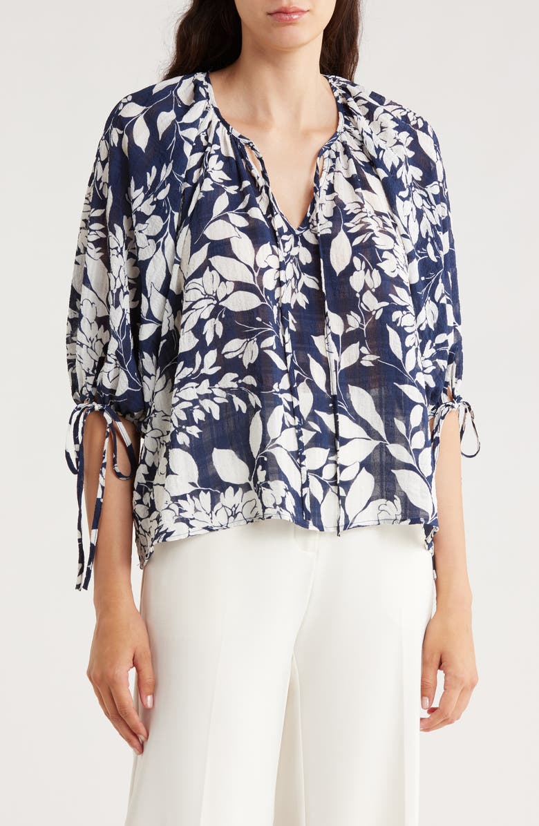 Renee C Floral Tie Sleeve Top, Main, color, Navy/ White