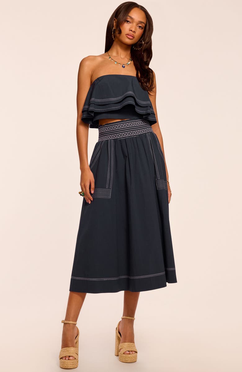 Ramy Brook Galia Topstitch Detail Cotton Blend Skirt, Alternate, color, Navy