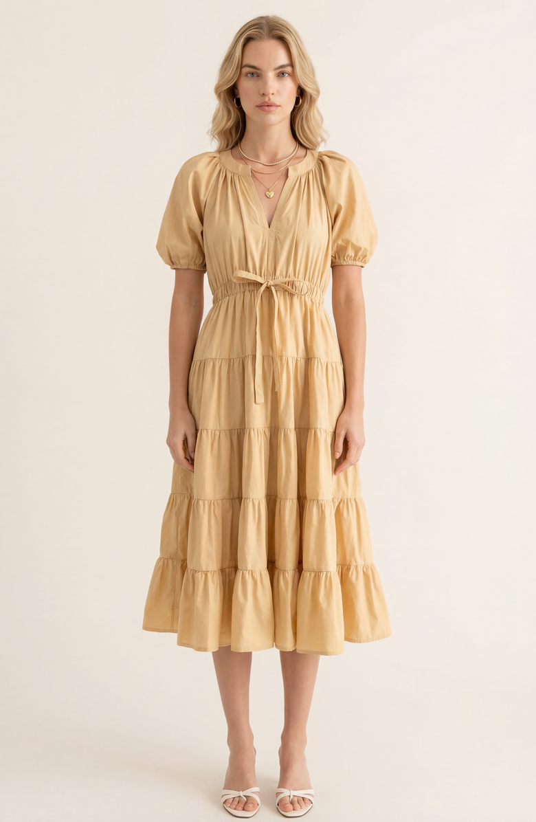 Modenaire Tiered Puff Sleeve Tie Waist Midi Dress, Main, color, Sand