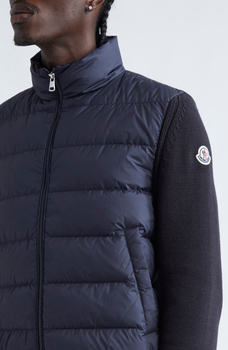 Moncler Quilted Down & Cotton Knit Cardigan, Alternate, color, Blue