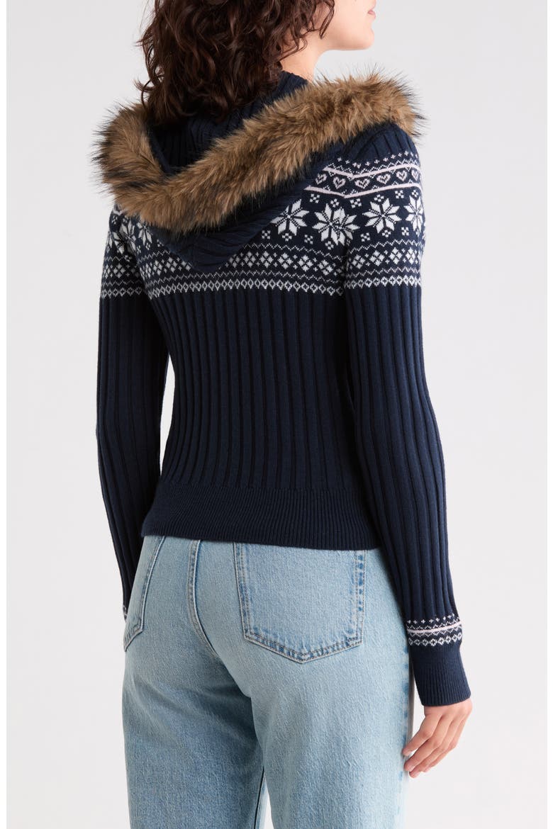 Faux Fur Trim Jacquard Hooded Cardigan, Alternate, color, NAVY COMBO